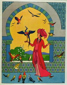 A princesa que consulta o pássaro Bulbulhezar, ilustração para "As duas irmãs ciumentas", de "As noites da Arábia