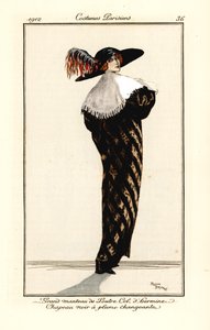 Mulher com casaco comprido de pele de lontra com gola de arminho, chapéu preto com plumas multicoloridas, gravura segundo uma ilustração de Roger Broders do Journal des Dames et des Modes de Tommaso Antongini, Aux Bureaux du Journal des Dames, Paris