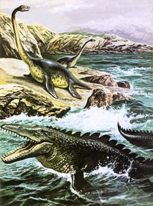 Plesiossauro (em cima) e Tilossauro (em baixo) de Roger Payne