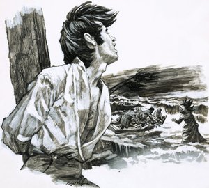 Roger Quinn amarrado a uma viga no Natal Cay de Roger Payne