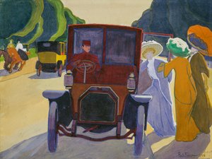 Avenida das Acácias no Bois de Boulogne, carro com motorista de Roger de La Fresnaye