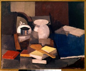 Natureza Morta com Livros e Cartões Pintura de Roger de La Fresnaye (1885-1925) 1913 Sol. 0,6x0,73 m Paris, musee national d