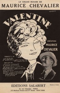 Capa da partitura do grande êxito de Maurice Chevalier "Valentine" letra de Albert Willemetz música de Christine editions Salabert, c.1925 (impressão) de Roger de Valerio