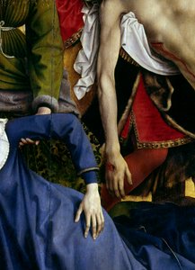 Deposição ou descida da cruz. Detalhe da mão da virgem desaparecida e da mão de Cristo. Rogier Altarpiece (Roger) Van Der Weyden (1400-1464) 1435 Dim. 2,20 x 0,35 m Madrid, Museu do Prado