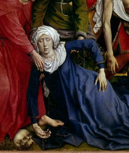Deposição ou descida da cruz. Detalhe da virgem desaparecida. Rogier Altarpiece (Roger) Van Der Weyden (1400-1464) 1435 Dim. 2,20 x 0,35 m Madrid, Musee du Prado - A deposição ou descida da cruz. Detalhe do Desmaio da Virgem. Altarpiece por de Rogier van der Weyden