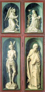 A Anunciação, São Sebastião, Santo Antônio o Grande e os dois Doadores, painéis do verso do Juízo Final, c.1445-50 (óleo sobre painel) de Rogier van der Weyden