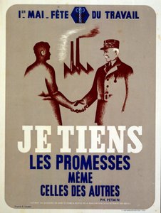Cartaz de propaganda emitido pelo Marechal Petain, líder francês de Vichy, para a festa dos trabalhadores do Primeiro de maio em França em tempo de guerra (cartaz) de Roland Coudon