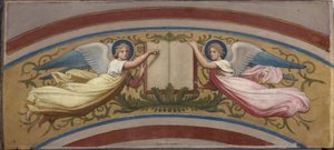 Esboço para a igreja de Saint-François-Xavier: O livro dos Evangelhos sustentado por dois Anjos, entre 1874 e 1876 (óleo sobre guache, aguarela, papel) de Romain Cazes