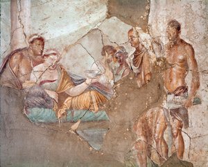 Um banquete, provavelmente a Rainha de Numidia Sophonisba cometendo suicídio por beber veneno (fresco de Roman