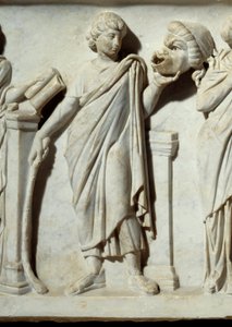 Uma musa com uma máscara da comédia, detalhe do sarcófago das Musas: representação das musas das artes e das letras. Escultura em mármore. 150 D.C. Paris, Museu do Louvre. de Roman