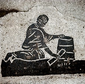 Um trabalhador a encher um alqueire (mosaico de Roman