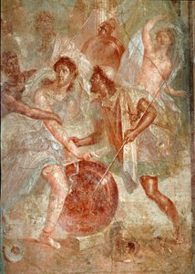 Aquiles, disfarce de mulher, é reconhecido por Ulisses entre as filhas de Lycomede a Scyros Fresco de Pompéia. Século I d.C. Dim. 145,5x137,5 cm Nápoles, museu nacional de arqueologia - Arte Romana. Luta violenta entre o povo de Pompéia e Nocer. de Roman