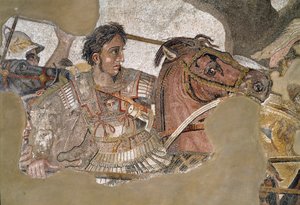 Alexandre, o Grande (356 - 323 aC) em seu cavalo Bucéfalo. Mosaico da Casa do Fauno, Pompéia de Roman