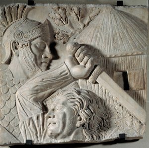 Arte da Roma antiga: Bárbaro lutando contra um legionário romano. Baixo relevo, início do século II depois de JC. Roma, fórum de Trajano. Sol: 0.84x0.88m. Paris, Musee Du Louvre. de Roman