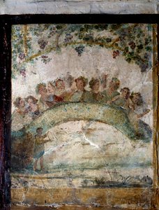 Arte da Roma antiga: mimos e asas de génios. fresco do século I d.C. Paris, Musee Du Louvre de Roman