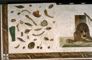 "Asarotos" (Floor unswept) Fragmentos de mosaico assinado por Harakliton de Roma, século II d.C., Roma de Roman