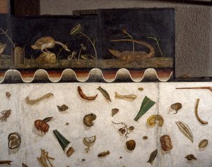 "Asarotos" (Floor unswept) Fragmentos de mosaico assinado por Harakliton de Roma, século II d.C., Roma de Roman