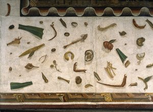 "Asarotos" (Floor unswept) Fragmentos de mosaico assinado por Harakliton de Roma, século II d.C., Roma de Roman