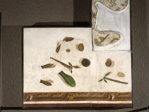 "Asarotos" (Floor unswept) Fragmentos de mosaico assinado por Harakliton de Roma, século II d.C., Roma de Roman