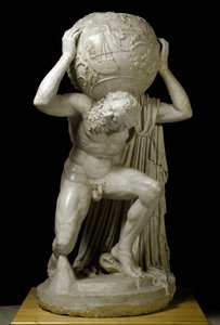 Atlas Farnese Atlas com o globo celestial simbolizando o conhecimento astronômico da época. Escultura em mármore romano, depois de um original grego. Século II. Dim. 191 cm Museo Archeologico Nazionale, Nápoles. de Roman