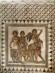 Baco numa carruagem puxada por tigres, século III (mosaico) de Roman