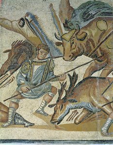 Batalha entre gladiadores e animais, detalhe de um gladiador que lança um touro, 320 dC (mosaico) de Roman