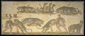 Batalha entre Gladiadores e Wildcats, 320 dC (mosaico) de Roman