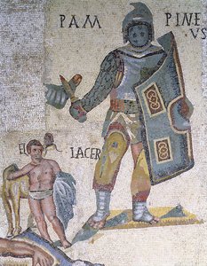 Batalha entre gladiadores, detalhe de um gladiador armado com um punhal e um escudo, 320 dC (mosaico) de Roman