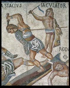 Batalha entre Gladiators, detalhe de uma luta de gladiadores e um gladiador vitorioso, 320 AD (mosaico) de Roman