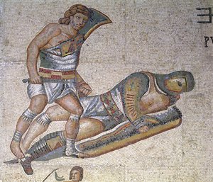Batalha entre Gladiators, detalhe de um gladiador prendendo outro no chão, 320 dC (mosaico) de Roman