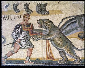 Batalha de gladiadores contra os gatos selvagens, detalhe representando um gladiador correndo através de um gato selvagem, 320 dC (mosaico) de Roman
