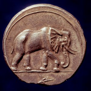 Civilização cartaginiana: medalha representando um elefante que permitiu que o General cartaginês Aníbal (247-183 AC) atravessasse os Alpes em 218 AC durante a Segunda Guerra Púnica. Século III a.C. Paris, B.N. de Roman