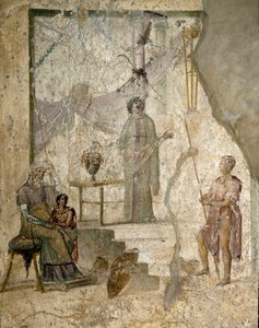 Cassandra profetiza a queda de Tróia, seu pai Príamo, sentado à esquerda, seu irmão Páris, segurando a maçã da Discórdia e um guerreiro lança sua lança (provavelmente Héctor) - Fresco de Roman