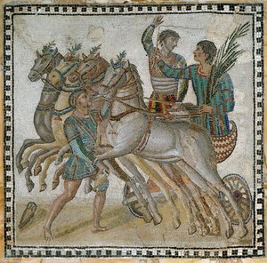 Prova de carruagem (quadriga) com os carruagens em posição de partida e um noivo perto do cavalo branco (em primeiro plano) - Mosaico, século III de Roman