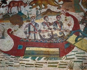 Detalhe do mosaico Great Hunt, Villa Romana del Casale, Piazza Armerina, Sicília, Itália, Século IV de Roman