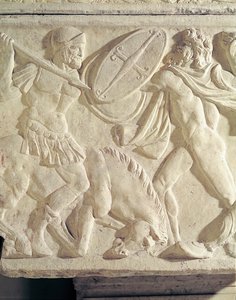 Detalhe, de, um, sarcófago, descrevendo, um, romano, soldado, luta, um, pedra galatian de Roman