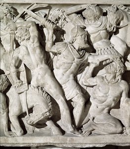 Detalhe, de, um, sarcófago, descrevendo, um, batalha, entre, romans, e, Galatians, pedra