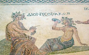 Dionísio aconselhando a ninfa Akme, Casa de Dionísio, Paphos, Chipre (mosaico) de Roman