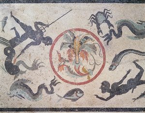 Pescadores e criaturas do mar, século I dC (mosaico) de Roman