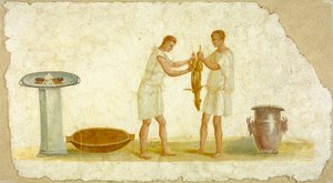 Fragmento de um painel de afresco com uma preparação de refeição, c.100-150 de Roman