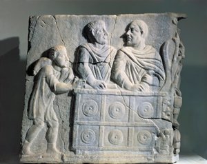 Fragmento de sarcófago que representa o cambista, de Roma, Viale del Re de Roman