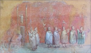 Fragmento fresco de um calendário representando as crianças numa procissão, possivelmente as celebrações do aniversário do imperador Severus e representando o mês de Abril do século III d.C. (fresco) de Roman