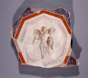 Afresco de Cupido segurando duas varas e um balde de Roman