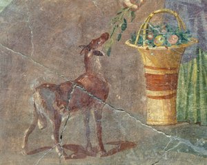 Cabra e cesta de frutas, afresco de Pompéia, Campania, Itália, civilização romana de Roman