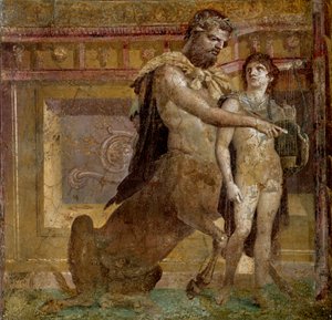 Mitologia grega: o centauro Chiron e Achilles criança. Fresco da Basílica de Herculanum (Basílica de Ercolano). Arte Romana Nápoles, Museo Archeologico Nazionale - Mitologia grega: o centauro Chiron e Aquiles criança ou a Educação de Aquiles por C de Roman