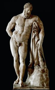 Escultura de Hércules Farnese Colossal de mármore Glycon dos banhos térmicos de Caracalla em Roma de um original grego de Lysipus de Sicyone, Dim. 3,17 m, século III depois de JC - Museu Arqueológico de Nápoles - O Hércules Farnese - Escultura em mármore ( de Roman