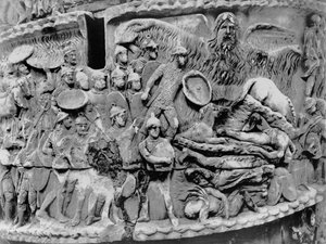 Chuva Milagrosa, detalhe da coluna de Marcus Aurelius, AD 180-196 (mármore) (foto a p/b) de Roman