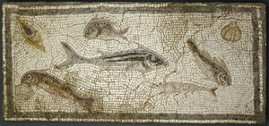 Painel de mosaico mostrando peixes, provavelmente do século III dC de Roman