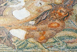 Nereides e Bythos, detalhe do mosaico de Bythos, Casa de Aion, Paphos, Chipre de Roman