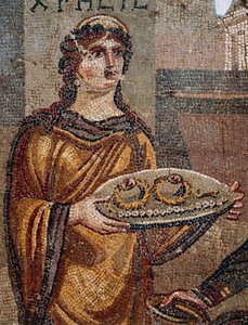 Prisioneira Chresis dando chaves de seu resgate ao seu captor Agamemnon, Detalhe do Mosaico de Chresis descoberto em Daphne, Antioquia, Turquia de Roman